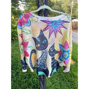 Yolly Italy Cat Floral Knit Sweater Multi Color Batwing Sleeve Made in Italy